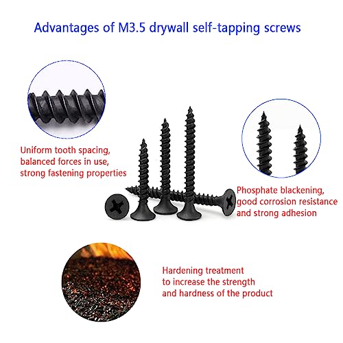 M3.5 Wood Screws Assortment,245 Pcs Drywall Screws Assorted,Flat Head Self Tapping Mixed Screws Kit For Wood,Metal,Plastic (16/20/25/30/40/50mm) (Black) - Image 4