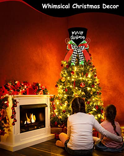 Merry Christmas Tree Topper Whimsical Top Hat With Check Bows Xmas Tree Ornament Winter Holidays Home Decoration Wreath Attachment Festive Gift Ideas Supplies #TOP2