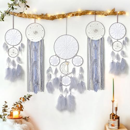 Image of LOMOHOO 5 Pack Dream Catcher Moon and Sun Design Boho Wall Hanging Decor Handmade Traditional Feathers Dream Catchers for Kids Bedroom Living Home Decoration (Grey)