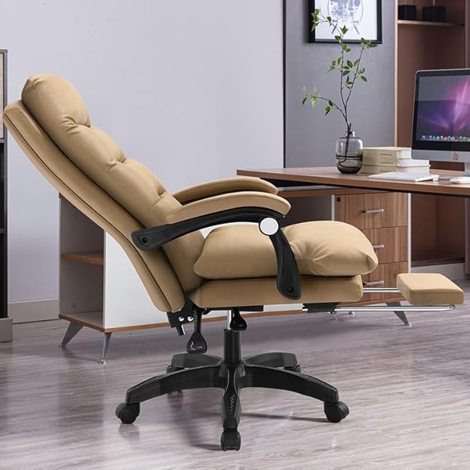 [SG Warehouse Closing Sale] Executive Reclining Office Chair with Footrest 165 Recline PU Leather High Back Computer Chair 360 Swivel Adjustable Height Ergonomic Desk Chair Khaki Limited Stock