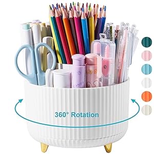 Desk Pencil Pen Holder, 5 Slots 360 Degree Rotating Desk Pen Organizers for Desk Desktop Storage Stationery Supplies Cup Pot for Office School Home Art Supply White