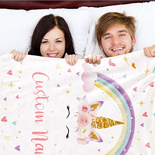 Image of Personalized Name Horse Blanket for Kid Girl Custom Rainbow Toddler Blanket