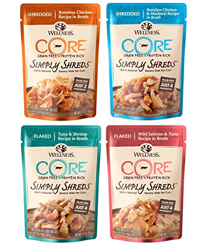 Wellness CORE Simply Shreds Natural Grain Free Wet Cat Food Topper Variety Pack, 4 Flavors, 1.75 Ounce (12 Total Pouches)