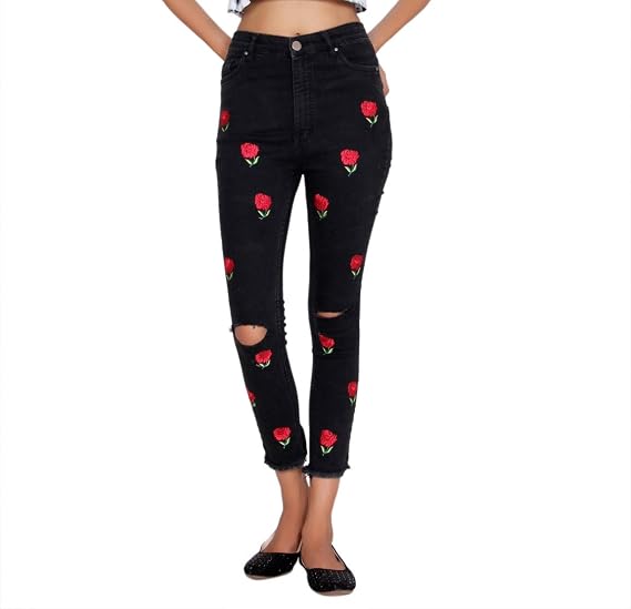 Solid Flower Print Designer Denim Jeans 