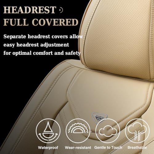 Image of Coverado Car Seat Covers Full Set, Automotive Seat Covers Car Seat Protector Car Seat Cushion, Waterproof Leather Seat Covers for Cars, Universal Fit for Most Sedans SUV Pick-up Truck(Beige)