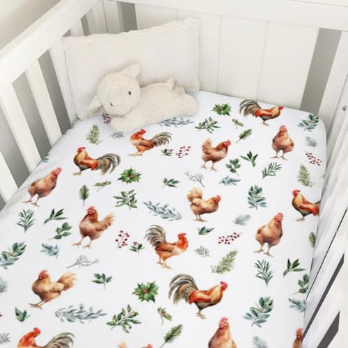 Image of Farm Rooster Hens Boho Leaves Baby Crib Sheets 52''x28'' Cute Chichen Farm Animals Fitted Crib Mattress Sheet for Boy Girl Soft Nursery Bed Crib Sheets for Standard Toddler Mattress