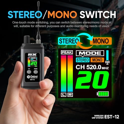 D Debra EST-12 UHF In-Ear Monitoring System Professionell Set | 20 Kanäle, latenzarm | 80m Reichweite, Hi-Fi Klang | Metallgehäuse, Stereo/Mono | Studio & Live