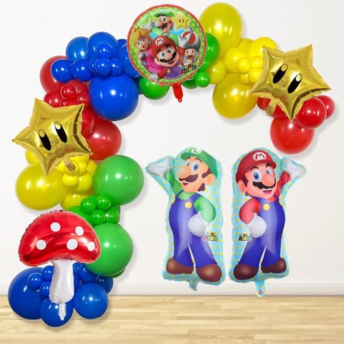 Mario Birthday Party Supplies 133Pcs Balloons Arch Garland Kit Assorted Latex Foil Balloons for Mario Birthday Party Decorations
