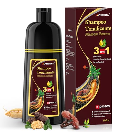 Shampoo Tonalizante Castanho Escuro 3 em 1 para Cabelos Grisalhos, Shampoo que Pinta o Cabelo para Mulheres e Homens,Tinta de Cabelo com Extratos Vegetais, Cobertura de Fios Brancos até 15 Dias, 500ml