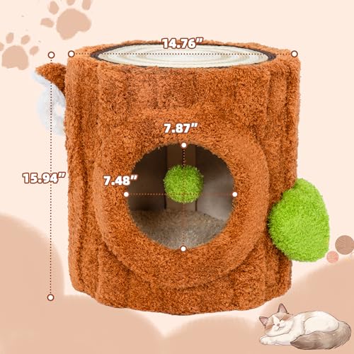 Image of Cat House for Indoors Cats, Luxury Cat House Bed with Scratch Table & Soft Cushion, Cat Condo with Hanging Ball Toy for Small Medium Pets, Brown