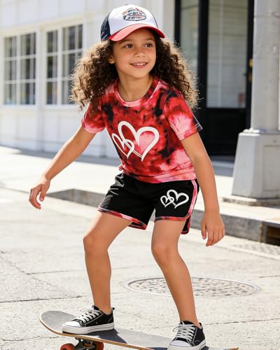 Image of Kids Girl Clothes Tie Dye Heart Print Short Sleeve Top and Shorts Toddler Girl Summer Outfits Short Set