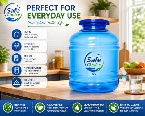 Image of Plastic Water Dispenser Jar with Tap | BPA-Free Water Can for Home, Kitchen & Office Use | Leak-Proof Blue Dispenser Jug - 10L Pack of 1
