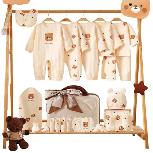 Newborn Baby Gift Set 26-Piece All Seasons Baby Clothes Set with 5 Outfits Plush Bear Hat Gloves Apron Bib Pillow & Carry Case for Boy and Girl (64-73cm6-12Month)