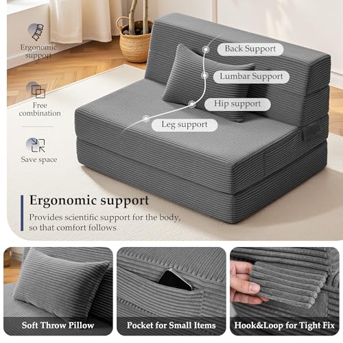 Youzi Folding Sofa Bed Convertible Sleeper Chair with Pillow, 4-in-1 Foldable Mattress Futon Couch Bed to Lounge Chair for Living Room, Bedroom, Dorm & Guest, Washable Cover, Dark Gray, Single - Image 5