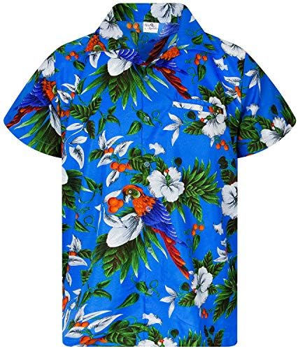 KING KAMEHA Funky Hawaiian Shirt, Shortsleeve, Cherryparrot, Blue, XS