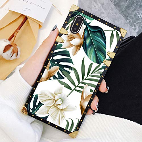 Square Case Compatible iPhone Xs Max Green Leaves with White Brown Flowers Luxury