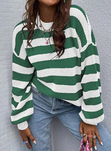 Image of SHEWIN Womens Sweaters 2025 Casual Long Sleeve Crewneck Color Block Striped Knit Lightweight Pullover Sweater Tops