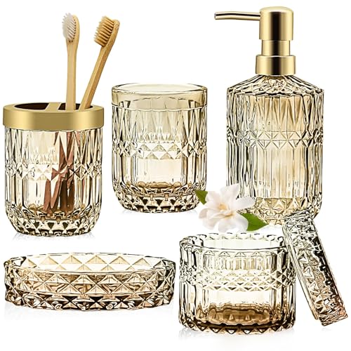 Ensemble d'accessoires de salle de bain doré 5 pièces, ensemble d'accessoires de salle de bain avec distributeur de savon doré, porte-savon, porte-brosse à dents,...