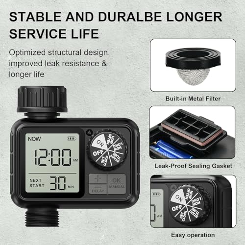 Image of Watering Computer, Watering Clock with Rain Delay /Automatic & Manual Mode, IPX5 Waterproof /Large Screen LCD Display, Water Timer for Garden, Lawn, HCT-M02