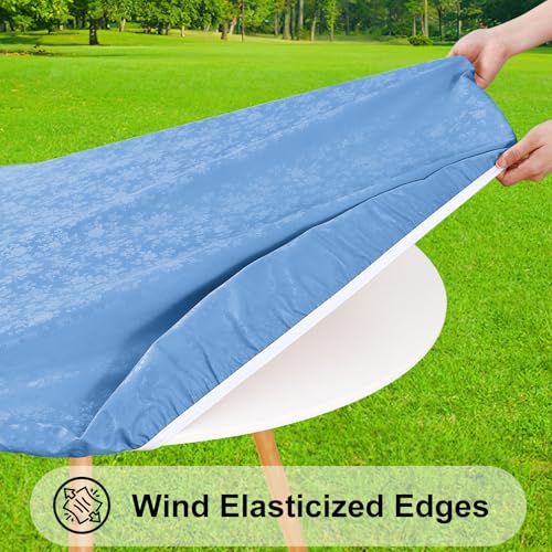 Image of Smiry Waterproof Heavy Duty Vinyl Fitted Tablecloth for 36 inch-44 inch Round Table | Elastic Plastic Table Cloth, Wipeable Washable Floral Patio Table Cover for Picnic, Kitchen and Dining, Baby Blue