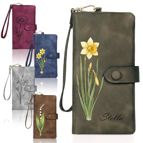 Image of Custom Wallet for Women Personalized Birth Flower & Name Purse Soft Leather Bifold Clutch with Strap Customized Gift for Mom Girlfriend