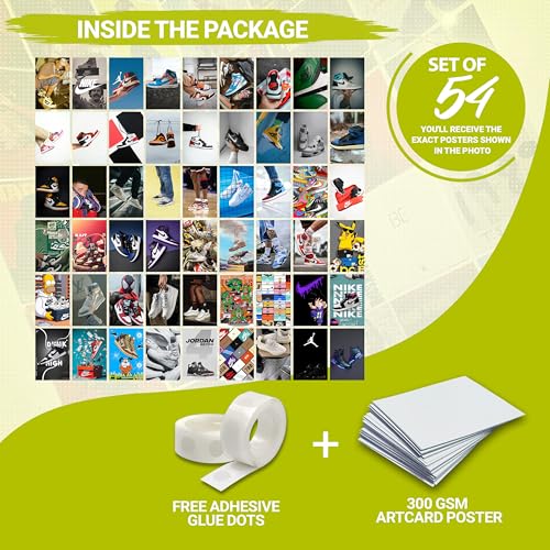Image of MODERN GALLERY MART Pack of 54 Sneakers Wall Collage Kit Posters - 4 x 6 Inches Posters for Wall Decoration - Wall Art For Bedroom, Office, Living room, Dorm room - Glue Dots Included