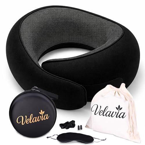 Image of Travel Neck Pillow,Ergonomic 360 Memory Foam Support for Head, Neck. Adjustable for Long Flights. Soft &Washable Cover, EVA Box, 3D Eye Mask, Earplugs, Hair Tie & Luxury Bag (Black)