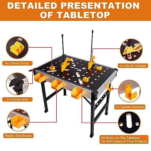 WORKESS Portable Workbench 1000Lbs Capacity Heavy Duty Folding Work Table with 2 Quick Clamps, 4 Bench Dogs, 3 Tool Boxes for Garage Easy Storage - Image 3