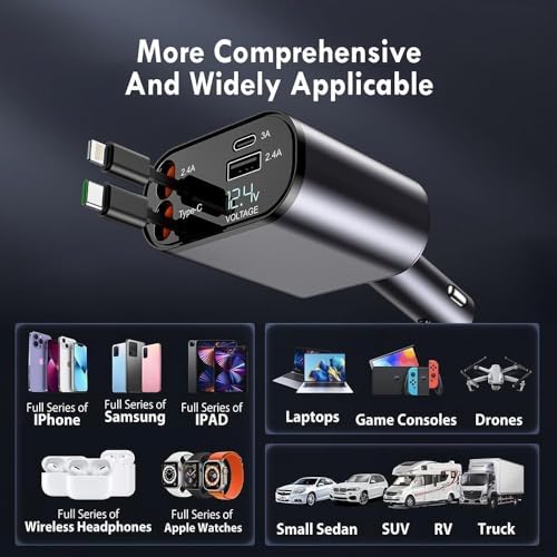 Image of 120W 4in1 Retractable Car Charger,Fast Car Phone Charger,Retractable Cables & 2 USB Ports Car Adapter for Android Phones & iPhone 17 /16 /15 /14 /13 /12 /11 Pro Max,Xr,Ipad,Dash Cam &Other Devices