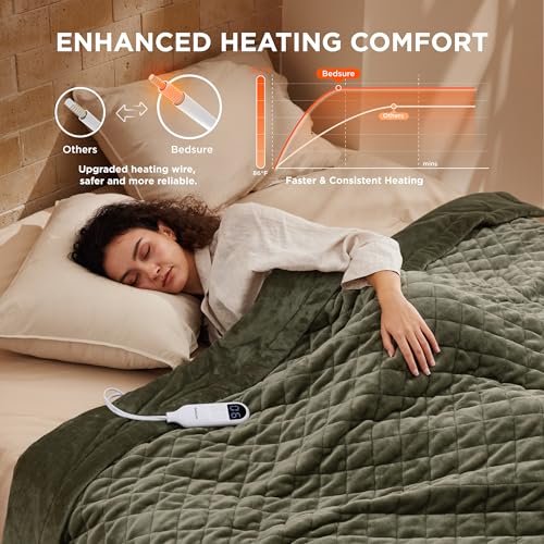 Image of Bedsure Electric Blanket Twin - Quilted Heated Blanket Twin Size, Soft Flannel Thick Heating Blanket with 10 Time Settings & 6 Heat Settings, Warm Gifts for Women Men (62x84 inches, Olive Green)