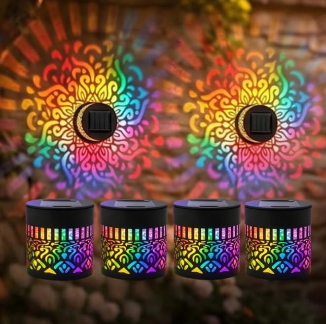 Lightyard 4 Pack Solar Mandala Wall Lights, Seven-Color Changing Outdoor Decorative Projection Lamp, Waterproof Metal Fence Light for Garden Yard Backyard Patio Ambient Decor