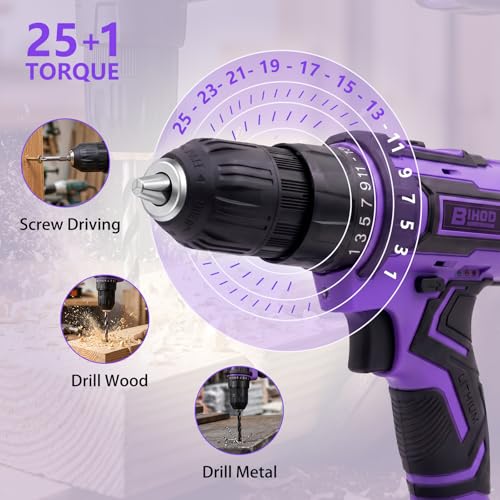 Image of Purple 20V Cordless Drill Electric Drill set, Electric Screwdriver with 2 Batteries & Charger, 3 /8 inch Keyless Chuck, 25+1 Torque 2-Speed Hammer Drill, Drill Bits Kit for Home DIY & Woodworking