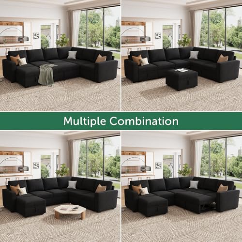 Image of HONBAY Modular Sectional Sleeper Sofa with Pull Out Bed, L Shaped Couch with Storage Seat, Modular Sectional Couches for Living Room - Black