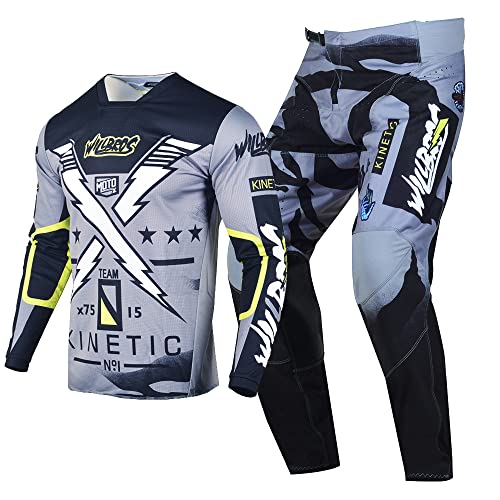 Willbros Combinaison de Pantalon en Maillot de Motocross Adulte Hors Route Équitation Suit Ensemble D'engrenages MX Dirt Bike Gris Noir (Jersey M Pants 32)