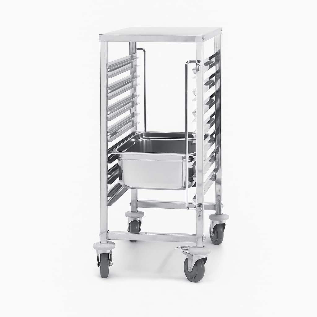 Chariot GN 1/1 – Échelle Porte-Plateaux 7 Niveaux en Acier INOX – pour Cuisine Professionnelle, Boulangerie, Restaurant, Collectivité – roulettes Pivotantes avec Freins