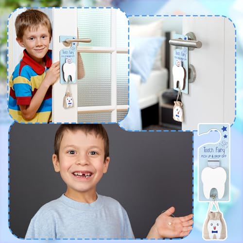 Image of DoubleFill Fairy Tooth Gift Holder Bag Door Hanger Lost Teeth Keepsake Box Tooth Fairy Kit Stores Back to School Gift for Lost Teeth Boy Girl Primary School Classroom Gifts(Classic,Blue Brown)