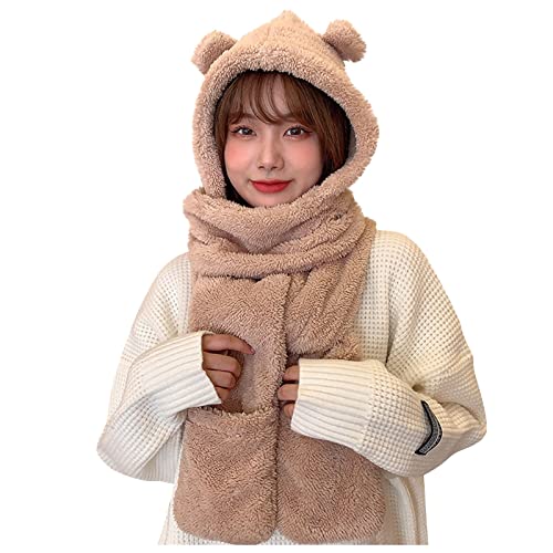 3-in-1 Multi-Functional Animal Hat Women Winter Cute Cartoon Bear Ear Hat Warm Hoodie Hat with Scarf Pocket Gloves