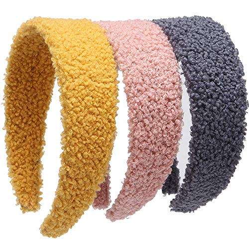 LONEEDY 3 PCS Hard Headbands, 1.6Inch Wide Lamb Cashmere Thick Non-slip Hairbands DIY Hair Accessories for Women and Girls (Yellow+Pink+Dark Gray)