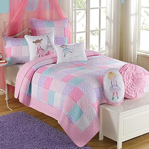 Cozy Line Home Fashions Angelina Floral Dot Pink Light Purple Blue 100% Cotton Reversible Girl Quilt Bedding Set Cover