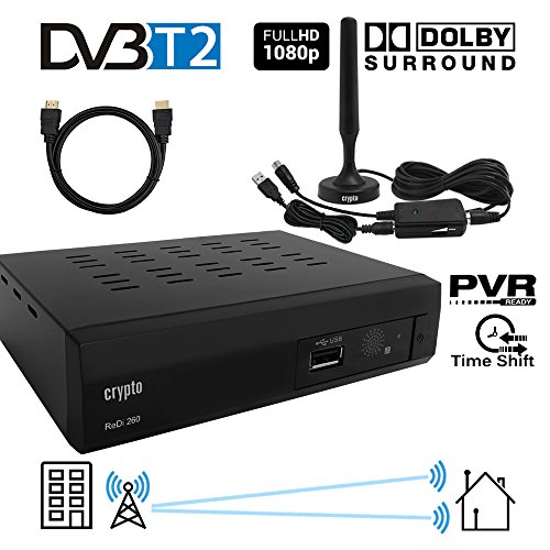 Crypto Redi 260PHA Receptor DVB-T2 y Grabador Full HD 1080P, Dolby Digital PVR (H.264/MPEG-2/4,HDTV,HDMI,USB 2.0) Negro con Antena Interior DVB-T2 (pasiva/Activa), Amplificador y Cable HDMI 1M