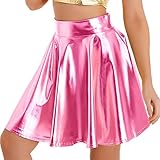 iEFiEL Damen Wetlook Rock Kurze Minirock Shiny Metallic Plisseerock Mini Skater Rock Low Rise Röcke Tanz Tutu Party Club Kostüm Rosa M