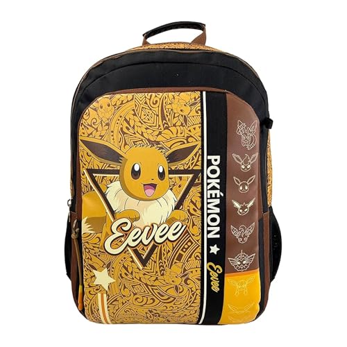 CyP Brands-Pokémon-Mochila escolar, Mochila, Adaptable a carro, Material escolar, Backpack, Pikachu, Eevee, Color marrón, Producto Oficial