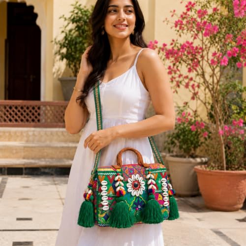 Image of MOMISY Handicraft Handmade Cotton Ethnic Rajasthani Embroidered Banjara Bags for Women Sling Clutch with Handle Purses for Ladies Girls