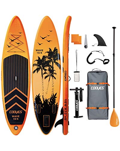 Cooyes Inflatable Stand Up Paddle Board 10.6 ft with Premium SUP Accessories and Backpack, Non Slip Deck, Waterproof Bag, Leash, Paddle and Hand Pump for Paddling and Surf Control