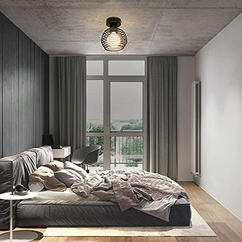 Hurrah Semi Flush Mount Ceiling Light 2 Pack - Black Industrial Hallway Ceiling Lighting Fixture - Farmhouse Rustic Metal Cage For Kitchen Bedroom Dining Room Entrance Porch - E26 Based #TOP4