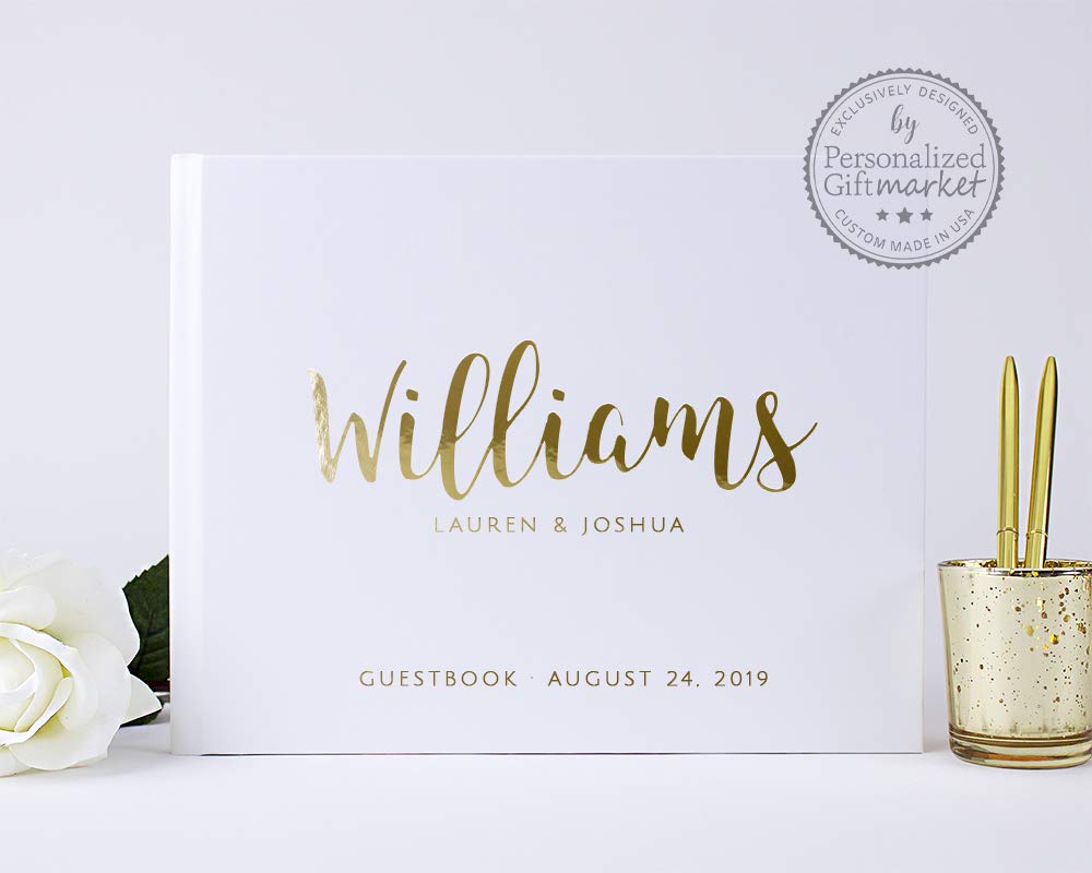 Personalized Wedding Guest Book for Wedding Couple, Alternative Custom Guest Book for Wedding Gold Foil, White Casebound Hardcover, 50 Sheets Blank or Lined, 10.5 x 8.25 inches