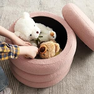 Round ottoman with storage boucle storage ottoman with removable lid upholstered sherpa foot rest stools for living room pink  urban country home decor
