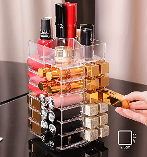 Image of Sooyee 360 Degree Spinning Lipstick Organizer Holder 53 Spaces, Acrylic Cosmetic Display Cases for Lipstick, Brushes, Bottles, and More, Clear