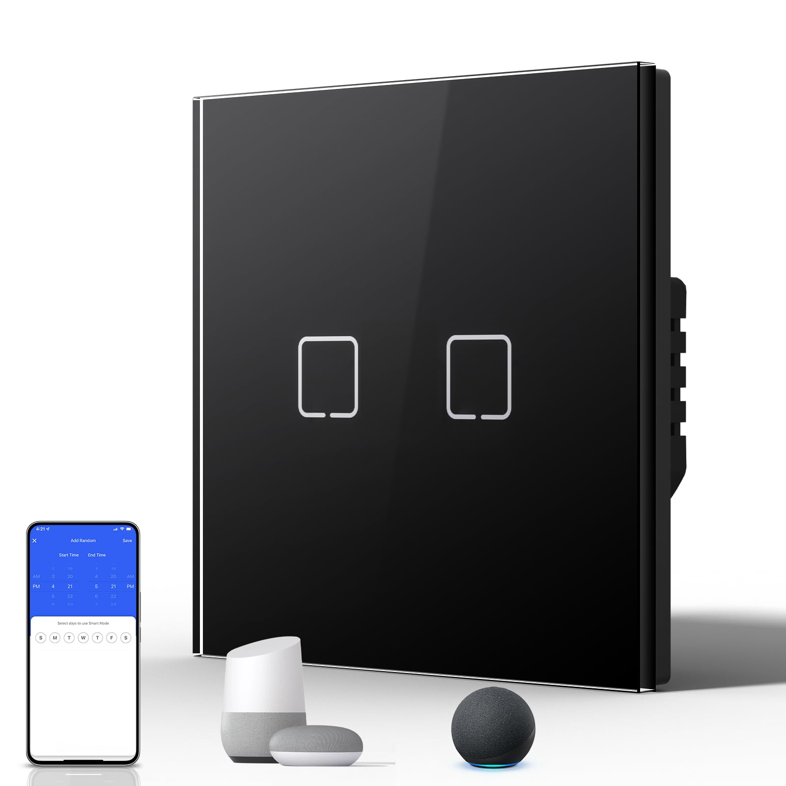 BSEED Smart Touch Light Switch,WIFI Rocker Wall Light Switches with Glass Panel,Push-button with LED Backlight,Horizontal & Vertical Mounting,Neutral Wire Required,2 Gang 1 Way,86mm Black