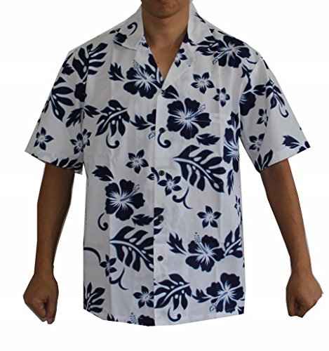 Made in Hawaii! Men's Hibiscus Flower Classic Hawaiian Shirt Collection (L, White/Blue)